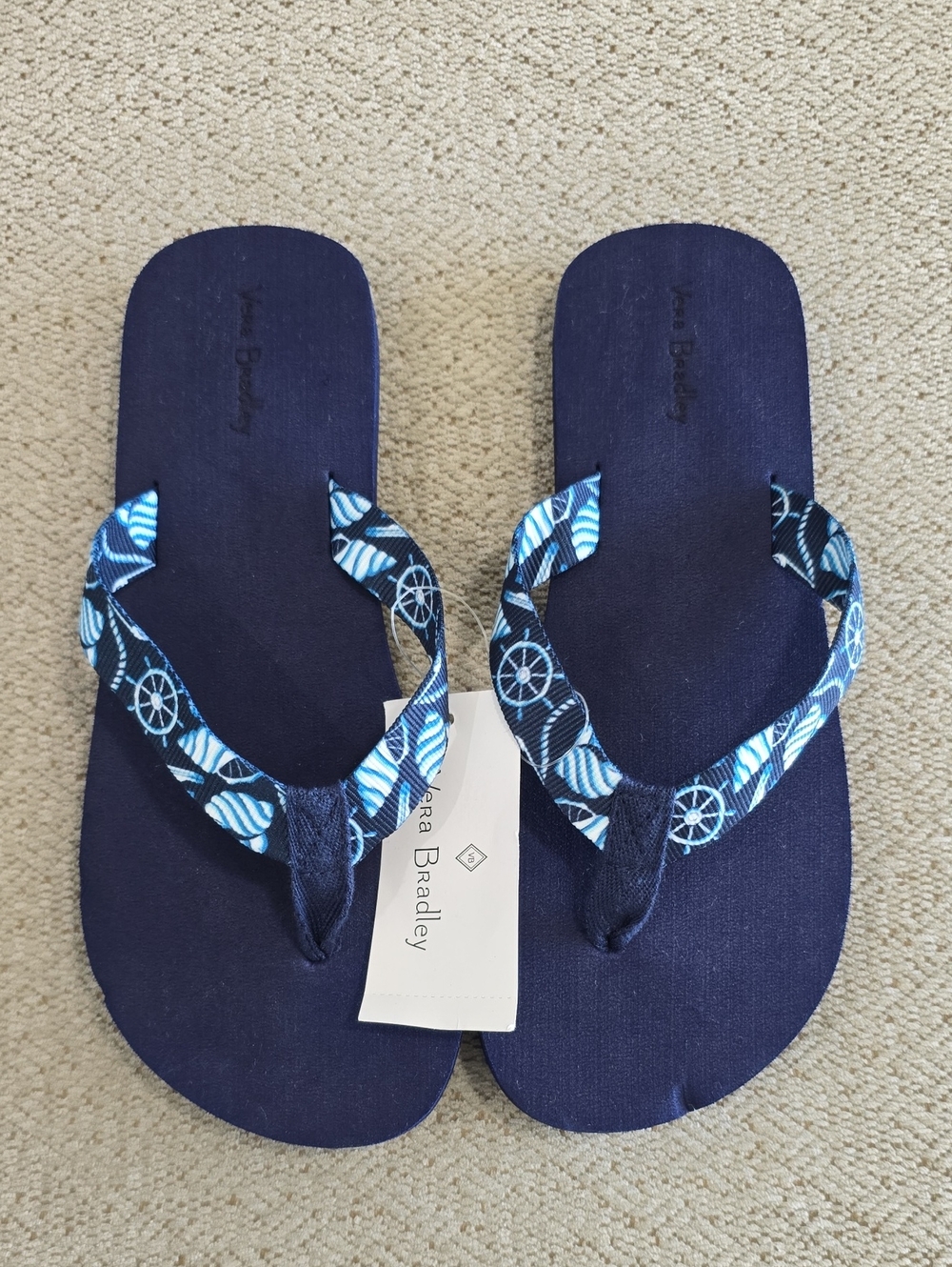 Vera Bradley Shore Enough Blue Webbing Strap Flip Flop Sandals - Size Small